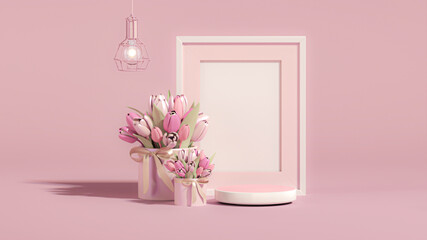 3D podium display, pastel background with tulip flowers. Frame and light bulb. Minimal pedestal for beauty, cosmetic product. Valentine, feminine, women day, mother day. 3d render	

