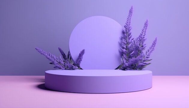 3d podium with plants and lavender color. Modern mockup, copy space
