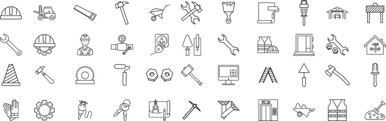 Construction web icons in line style. Building, engineer, business, road, builder, industry.Tool icon set.Hammer turnscrew tools icon.Instrument collection. Vector illustration