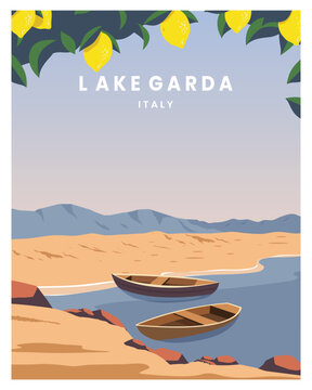 beautiful Panorama of the Lake Garda in Italy. vector illustration landscape for background, travel poster, card, postcard, print.