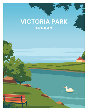 travel poster in victoria park london. landscape background with colored style.