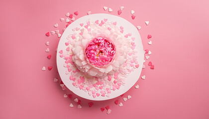 Naklejka premium Top+view photo of white circle pink peony rose and heart shaped sprinkles on isolated pastel pink background, with an empty space on the left side for text or advertisement, Generative AI
