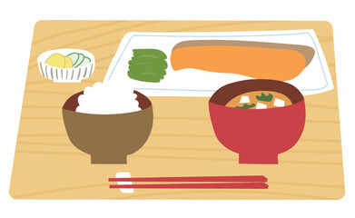 和食メニュー、焼き魚定食のベクターイラスト