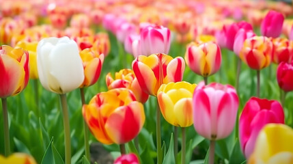 色鮮やかに咲くチューリップの花の群生Generative AI