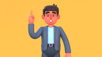 3d render of man in suit pointing up, idea concept