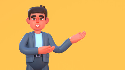 3d render of man in suit pointing to side, presentation, advertise or promote concept