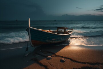 A boat rests in the water on an evening beach. Generative AI