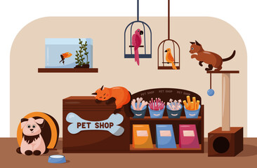 Pet shop with animals: cat, dog, bird, fish. Vector illustration. Cartoon style. Pet toys, supplies and food.