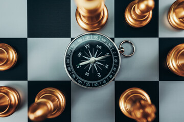 compass and chess piece on chess board game for ideas, challenge, leadership, strategy, business,...