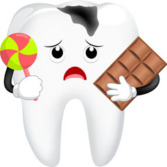 Dental Caries. Cartoon tooth character with candy. Dental care concept. Illustration.