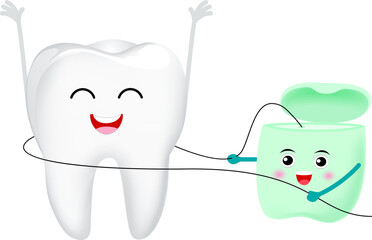 Cute cartoon tooth character with dental floss. Dental care concept. Illustration