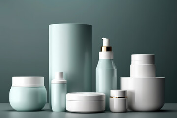 Conjunto de botes y recipientes de productos de belleza con marcas, plantilla tipo mockup. AI generative
