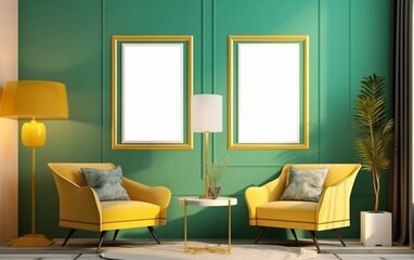Fototapeta na wymiar Art deco style green living room interior with two yellow armchairs and two white mockup frames on the wall created with Generative AI technology