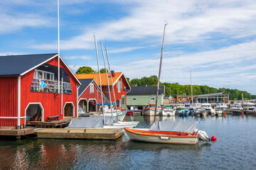 Idyllic view at a harbour with boats in the swedish town Hjo