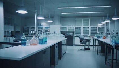 Fototapeta na wymiar Interior of chemistry laboratory with many bottles of liquid on the table and a lamps created with Generative AI technology