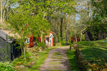 Fototapeta na wymiar Idyllisk red cottage with a dirt road