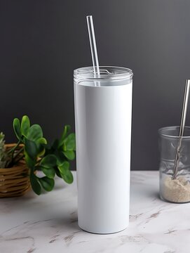 Blank White Mockup 20 Oz Tumbler With Straw, No Text, On Grey Backdrop Next To Green Flower Created With Generative AI Technology