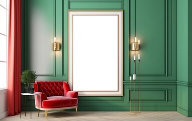 Art deco style living room with a red armchair, green wall and a white mockup frame on the green wall created with Generative AI technology