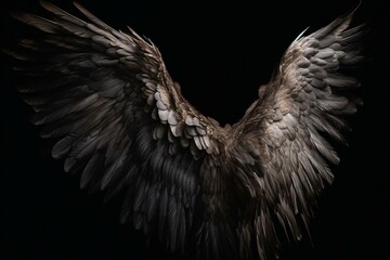 Black background featuring isolated angel wings. Generative AI - obrazy, fototapety, plakaty