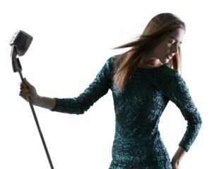 Woman singer on the stage holding a microphone