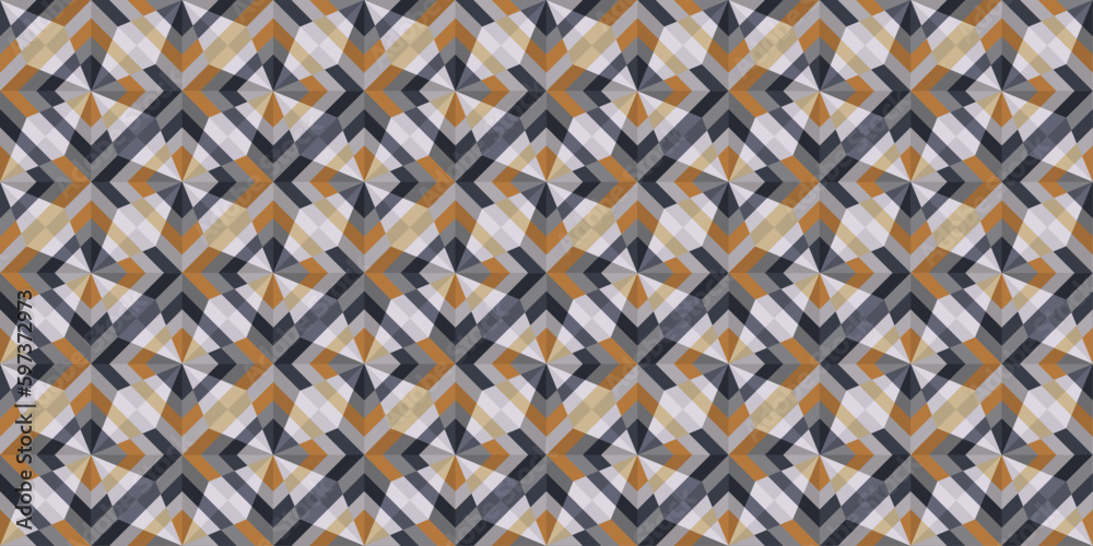 Poster Mosaic rhombuses are repeating. Vector seamless pattern with identical mosaic rhombuses. For seamless print, interior, textile, pillows, wallpaper.