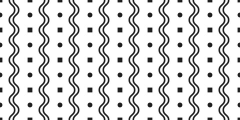 Dots and wavy lines. Black and white pattern of repeating columns. For seamless print, interior, textile, pillows, wallpaper.
