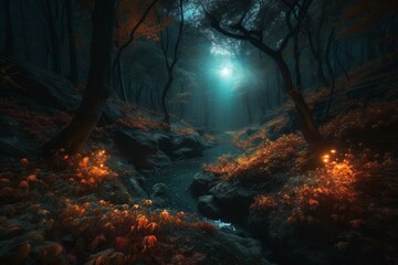 Stunning autumn forest at night with vibrant foliage, illuminated by enchanting lights. Fantasy forest scenery. 8k wallpaper. Generative AI