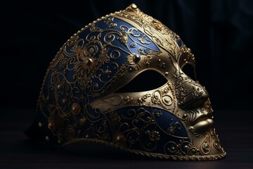 A dark blue and gold mask with elaborate designs and filigree pattern on it against a dark background. Generative AI