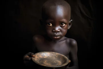 Fotobehang A child from a developing country, visibly malnourished body, holding an empty plate. Generative AI © piai
