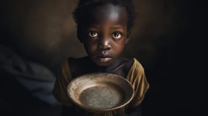 Fotobehang A child from a developing country, visibly malnourished body, holding an empty plate. Generative AI © piai