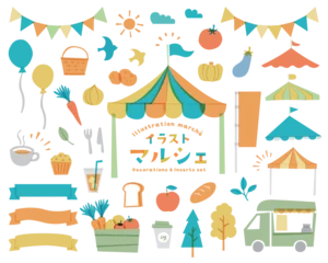 Fotobehang マルシェ・マーケットの手描き風イラストのセット　市場　イベント　バザー　飾り　フェス　フリマ　リボン © yugoro