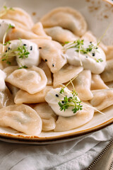 Portion of russian dumplings vareniki with potato filling