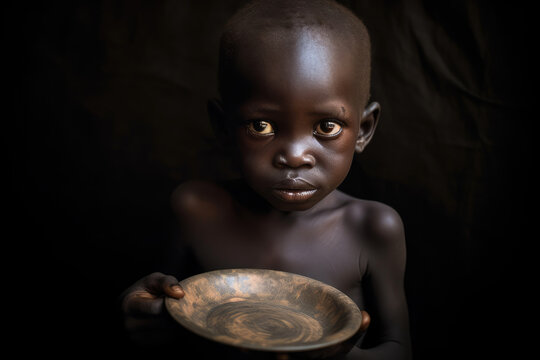A child from a developing country, visibly malnourished body, holding an empty plate. Generative AI