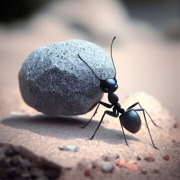 mighty ant moving a heavy stone  generative AI