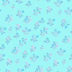 Floral pattern. Beautiful blue and pink flowers on a turquoise background. Seamless vector texture. Spring bouquet.
