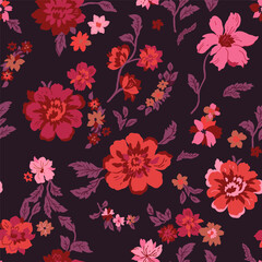 Seamless floral pattern with pink and pale pink peonies on a black background, handmade in vintage style.