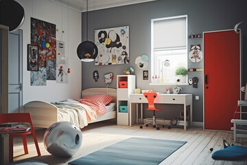 Modern apartment kids room design in mostly neutral color scheme and sleek Scandinavian furniture that maintains the room's clean lines and functional design. Generative AI