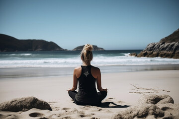 Fototapeta na wymiar A young woman Rear view wearing gym clothes doing yoga on the beach on a sunny day Generative AI
