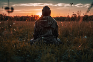 Naklejka na ściany i meble Rear view of woman in Lotus position on the meadow during sunset Generative AI