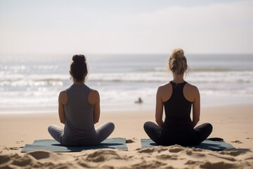 Fototapeta na wymiar Two young woman Rear view wearing gym clothes doing yoga on the beach on a sunny day Generative AI