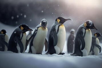 Obraz premium penguins playing in the snow. generative ai