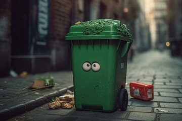 A green rubbish bin with a frown and garbage atop its lid. Generative AI