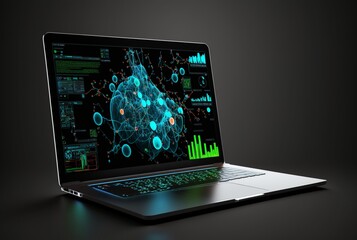 laptop with data analytics isolated black background. generative ai
