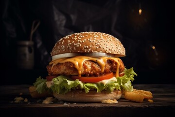 A large burger with cheddar cheese and a chicken cutlet. Generative AI - obrazy, fototapety, plakaty