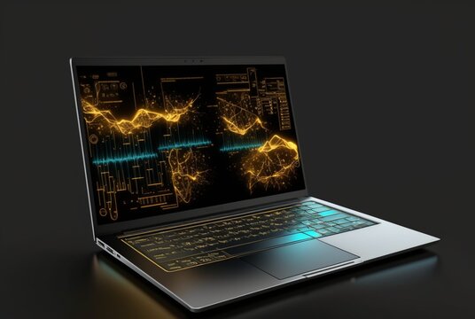 laptop with data analytics isolated black background. generative ai