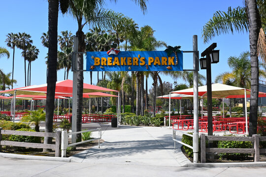 BUENA PARK, CALIFORNIA - 27 APR 2023: Breakers Park, adjacent to Knott's Berry Farm, this open-air event location has colorful canopies, picnic style seating and views of the lagoon.