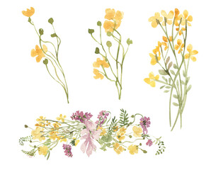 Watercolor bouquets of wildflowers