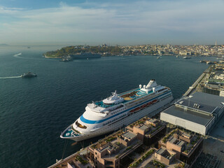 Cruise Ship in the Galataport Drone Photo, Galata Beyoglu Istanbul, Turkiye