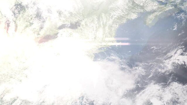Earth zoom in from outer space to city. Zooming on Bayonne, New Jersey, USA. The animation continues by zoom out through clouds and atmosphere into space. Images from NASA