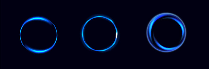 Neon swirl. Curve blue line light effect. Abstract ring background with glowing swirling background. Energy flow tunnel. Blue portal, platform.